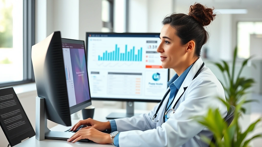 Professional healthcare administrator working at computer with patient data dashboard, modern medical office, natural lighting, focused expression, wearing business casual attire