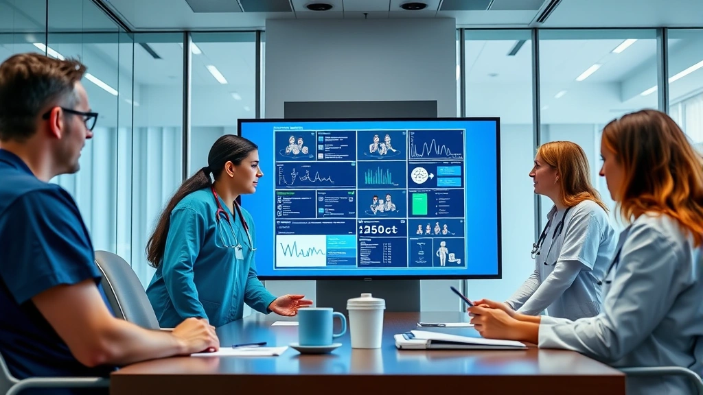 Diverse healthcare team collaborating in modern hospital conference room, reviewing digital health records on large display screen, professional environment, collaborative discussion