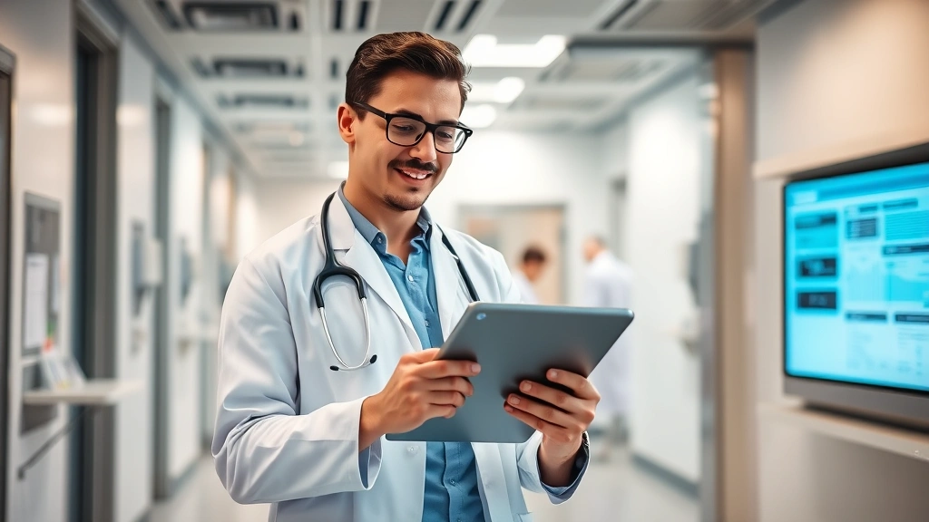 Healthcare professional holding tablet reviewing patient information in clinical setting, modern medical facility, confident posture, technology-forward environment