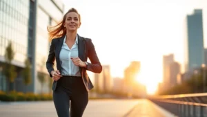 Professional woman in business attire jogging outdoors at sunrise, confident expression, modern city background, athletic wear, healthy lifestyle