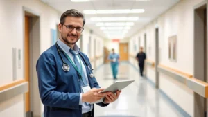 Professional healthcare administrator in modern hospital corridor reviewing patient data on tablet, wearing business casual attire, confident expression, bright modern healthcare facility interior