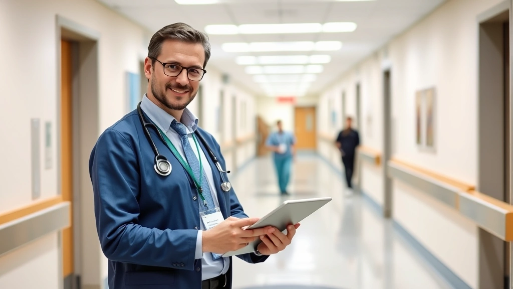 Professional healthcare administrator in modern hospital corridor reviewing patient data on tablet, wearing business casual attire, confident expression, bright modern healthcare facility interior