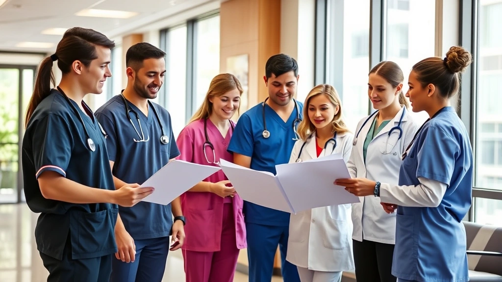 Diverse group of healthcare professionals in scrubs collaborating in contemporary medical office, reviewing charts together, warm professional environment, natural lighting from large windows