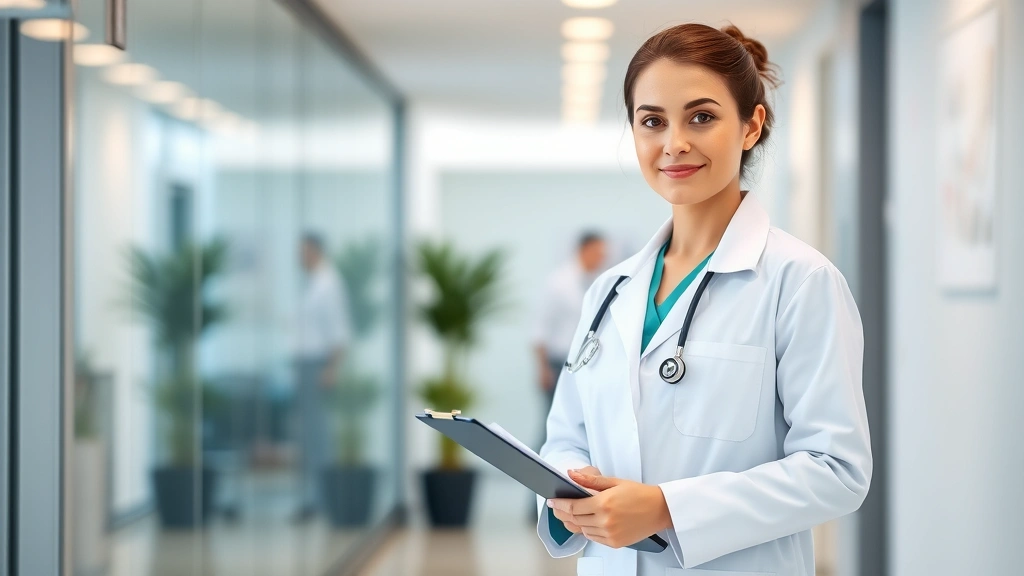 Young professional nurse or medical provider in white coat standing confidently in modern clinic setting, holding clipboard, professional headshot style, modern healthcare facility background
