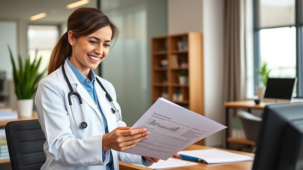 Successful healthcare professional in modern office reviewing career advancement documents, smiling with confidence, contemporary workspace with financial planning materials, representing career growth and professional development