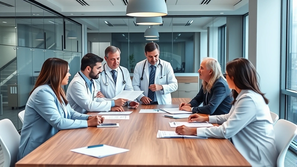 Healthcare professionals in leadership meeting discussing strategic planning, diverse team around conference table with professional attire, modern healthcare facility background, collaborative and forward-thinking atmosphere