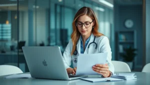 Professional woman working on laptop reviewing digital healthcare records and medical documents, modern healthcare office environment with soft lighting and professional aesthetic