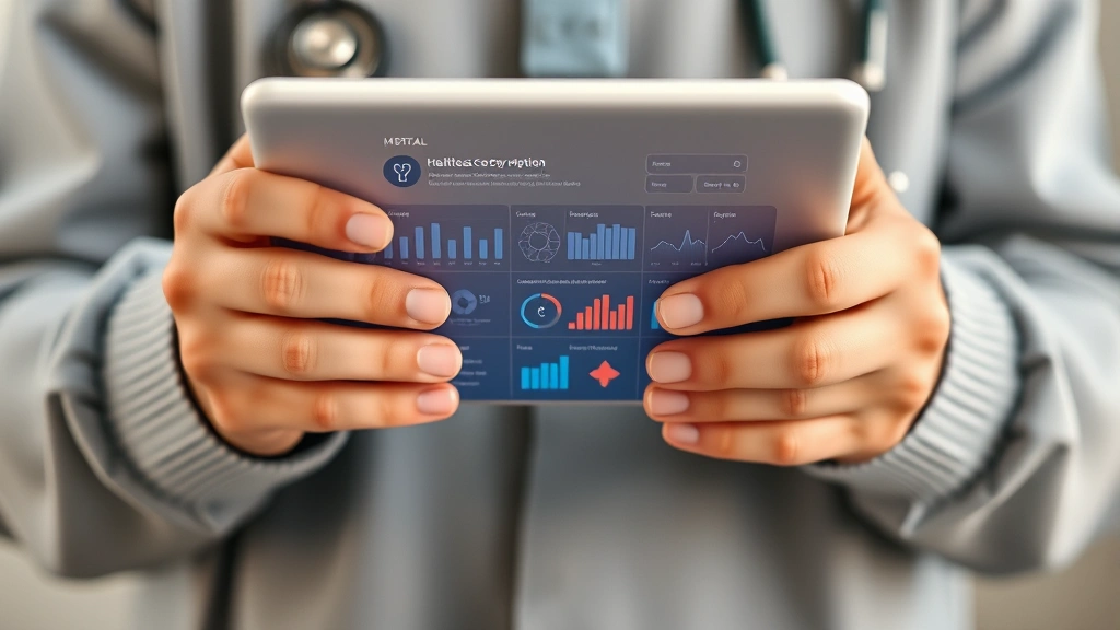 Close-up of hands holding tablet displaying healthcare portal interface with charts and medical data, minimalist contemporary design, healthcare technology focus