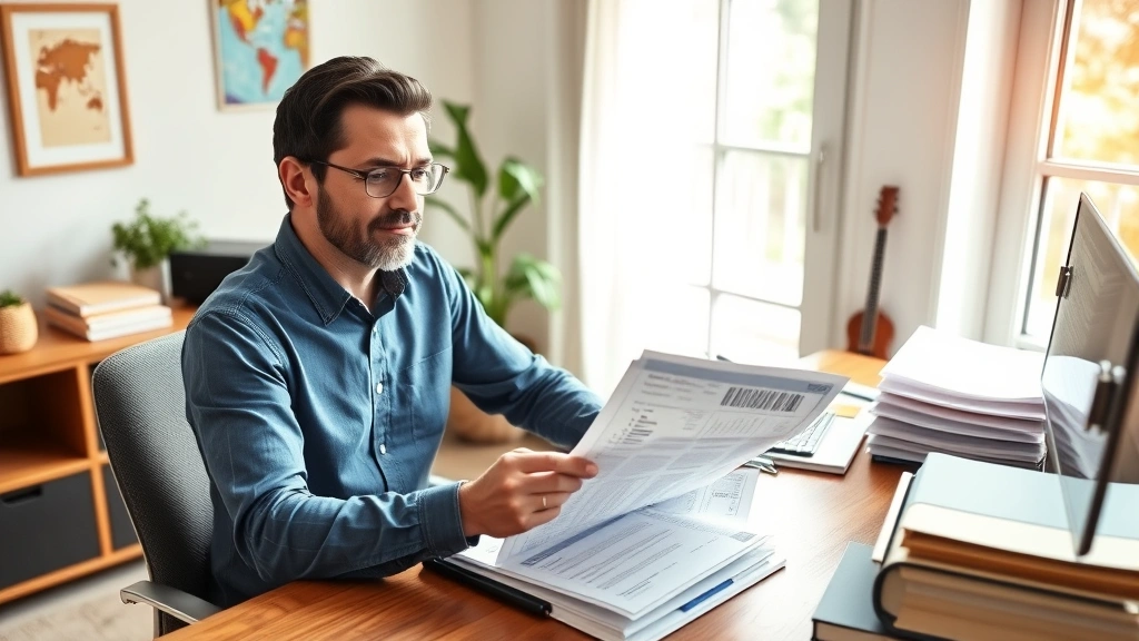 Confident individual reviewing financial documents and healthcare bills at home office desk with organized filing system, natural sunlight, wealth management theme