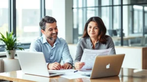 Professional financial advisor reviewing health insurance documents with a client in a modern office setting, both looking at papers on a desk with a laptop, natural lighting through windows, confident and collaborative atmosphere