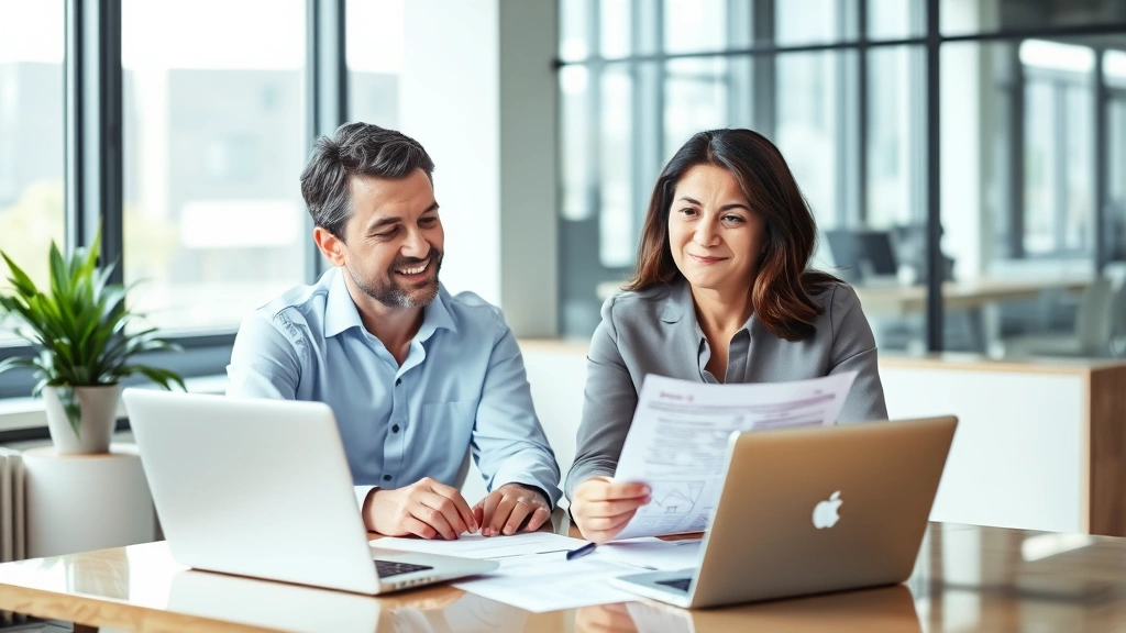 Professional financial advisor reviewing health insurance documents with a client in a modern office setting, both looking at papers on a desk with a laptop, natural lighting through windows, confident and collaborative atmosphere