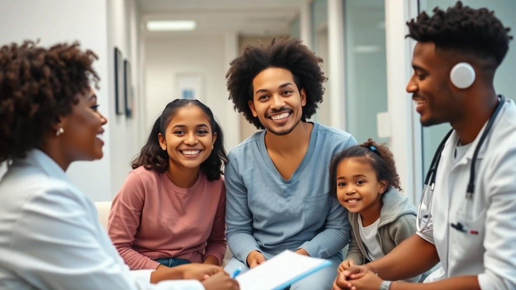 Diverse family of four at a preventive healthcare appointment with a doctor, smiling during an annual checkup in a modern clinic, bright and clean medical office environment, positive healthcare interaction