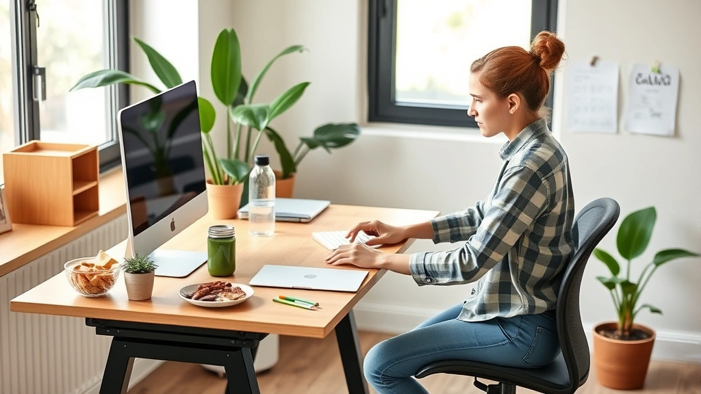 Young professional working at a standing desk in a wellness-focused office space with healthy snacks, water bottle, and plant visible, representing work-life balance and health-conscious financial planning