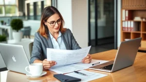 Professional woman reviewing health insurance documents at a modern office desk with a laptop, tablet, and coffee cup, warm lighting emphasizing thoughtful decision-making