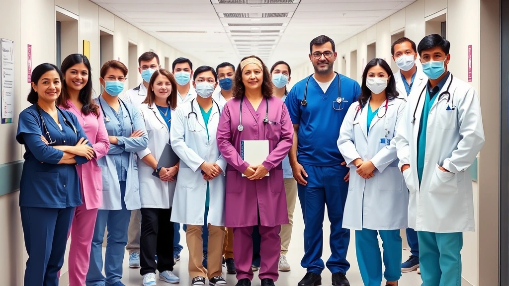 Diverse group of healthcare professionals including doctors, nurses, and specialists standing together in a modern hospital corridor, representing comprehensive medical networks
