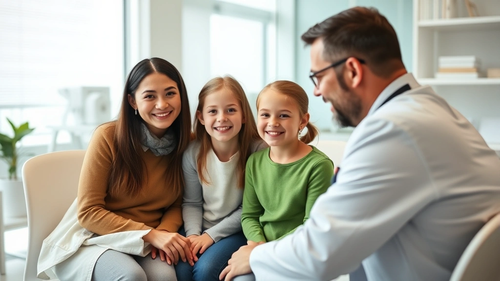 Family of four smiling during a health checkup consultation with a friendly physician in a bright, welcoming medical clinic setting