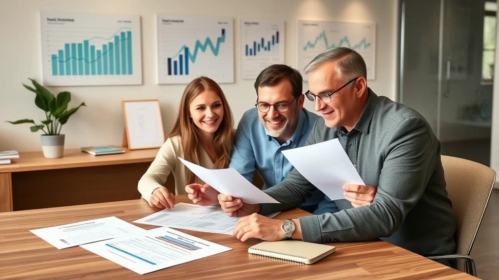 Professional financial advisor meeting with Wisconsin family, reviewing investment portfolio and health insurance documents together at modern office desk with laptop and financial charts visible