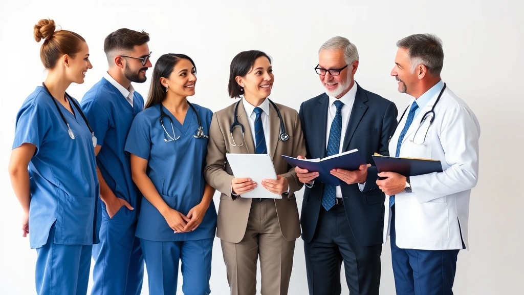 Diverse group of healthcare professionals in scrubs and business attire discussing retirement planning with financial advisor, symbolizing health science careers and wealth building integration