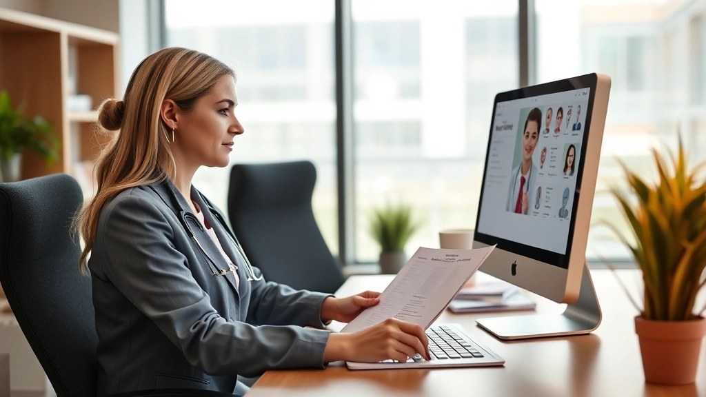 Professional healthcare consultant reviewing medical documents at modern office desk with computer displaying patient portal interface, warm natural lighting, businesswoman in medical field attire