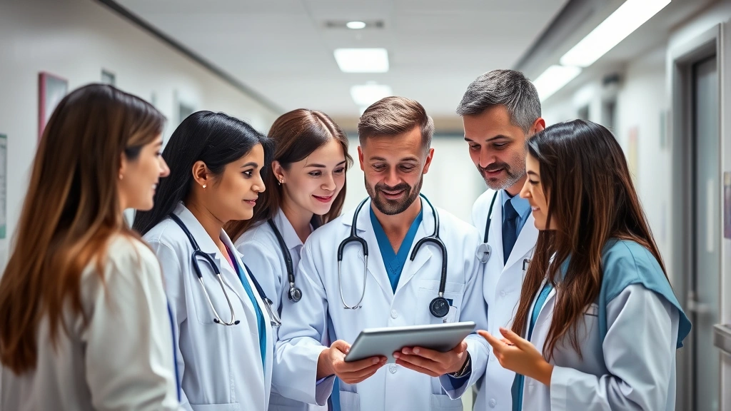 Diverse group of healthcare professionals in clinical setting collaborating around digital tablet showing patient information, modern hospital environment with soft professional lighting