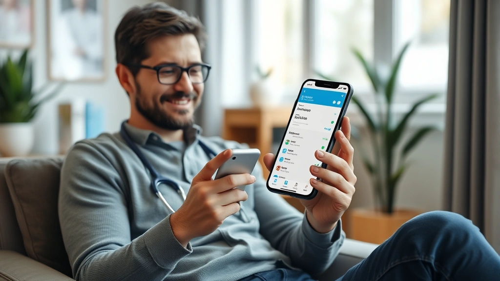 Person using smartphone to access health provider portal on secure platform, sitting in comfortable home office environment, confident expression while managing healthcare appointment scheduling
