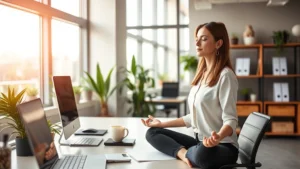 Professional woman in modern office meditating at desk, natural light streaming through windows, plants and organized workspace, serene expression, professional attire, calm and focused atmosphere
