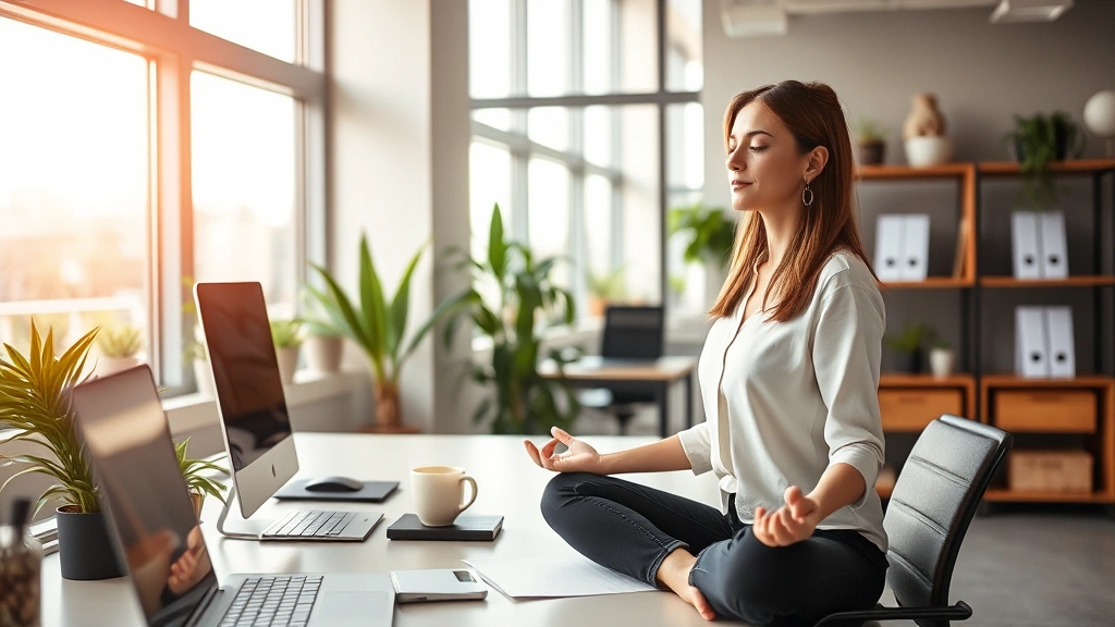 Professional woman in modern office meditating at desk, natural light streaming through windows, plants and organized workspace, serene expression, professional attire, calm and focused atmosphere