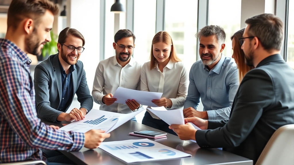 Diverse group of people in financial planning meeting with advisor, reviewing documents and charts, confident body language, collaborative discussion, modern office environment, natural lighting