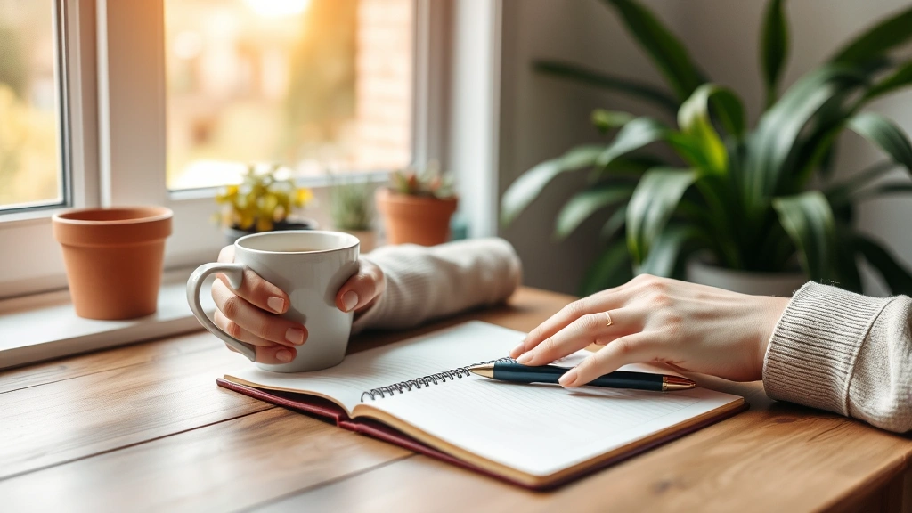 Person journaling with coffee cup, notebook, pen on wooden desk near window, peaceful morning setting, warm natural light, plants in background, calm and reflective mood, wellness focus