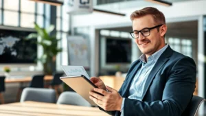 Professional businessman in modern office reviewing health metrics on digital tablet, confident expression, natural lighting, contemporary workspace environment
