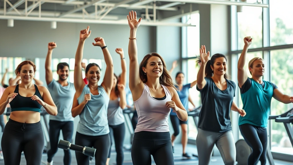 Diverse group of professionals exercising together in modern fitness facility, energetic atmosphere, bright natural light, healthy lifestyle scene
