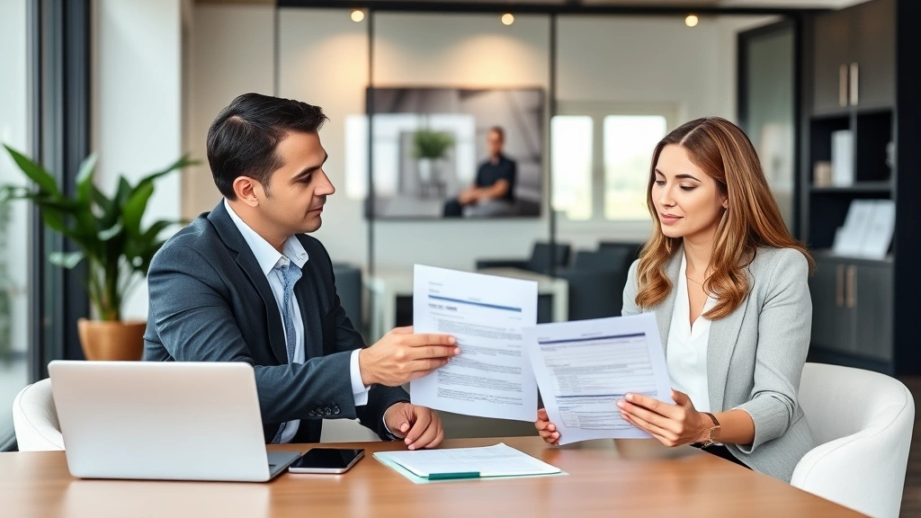 Financial advisor and client meeting in professional office, reviewing wellness and investment documents together, collaborative atmosphere, modern design