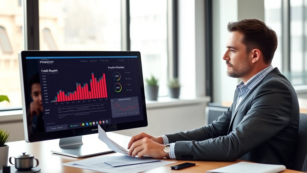 Professional financial advisor in modern office reviewing credit reports and financial documents on computer screen, natural lighting through windows, confident expression, wealth management setting