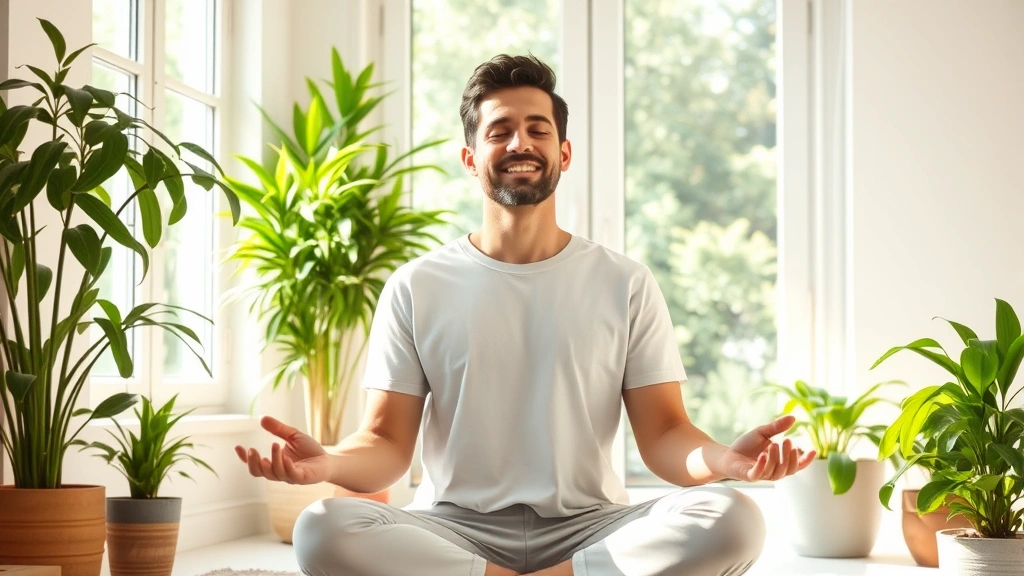 Person meditating peacefully in bright home environment with plants, sunlight streaming in, calm expression, representing mental health and financial wellness connection, stress-free lifestyle