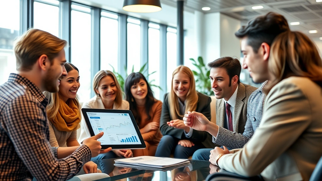 Diverse group of people meeting with financial planner in professional office setting, reviewing investment portfolio on tablet, collaborative discussion, achieving financial goals together, prosperous atmosphere