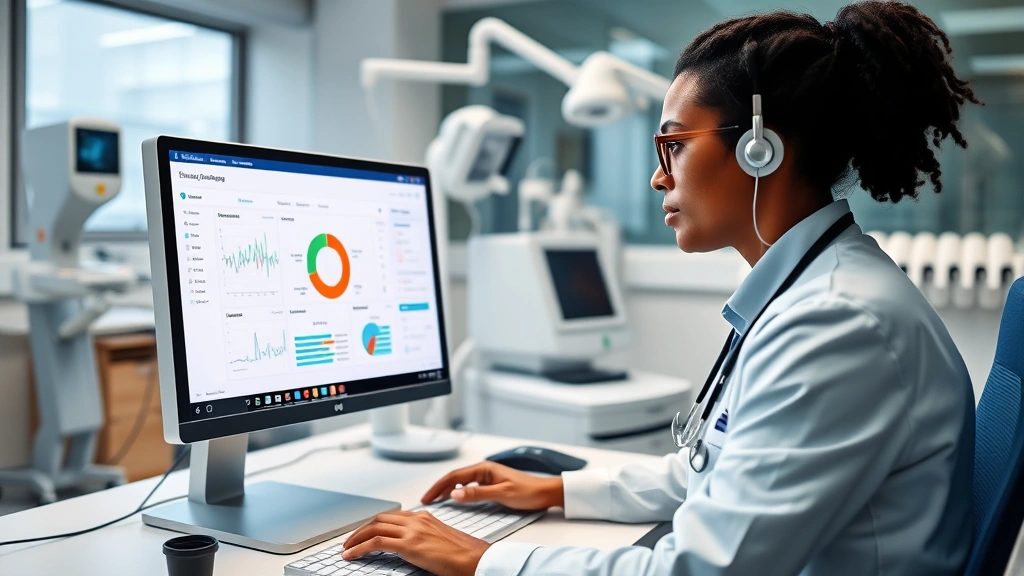 Professional healthcare worker at modern computer workstation, focused on screen displaying patient data dashboard, well-lit clinical office environment with medical equipment visible
