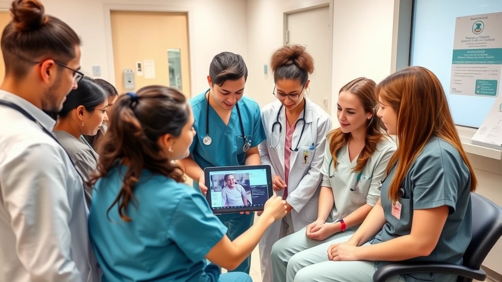 Diverse group of nursing students in clinical setting gathered around instructor reviewing patient case on tablet, collaborative learning atmosphere in hospital training room