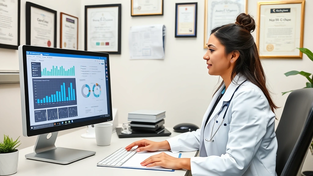 Confident healthcare professional in white coat at desk reviewing performance analytics on computer monitor, successful clinical environment with certificates and credentials displayed on wall