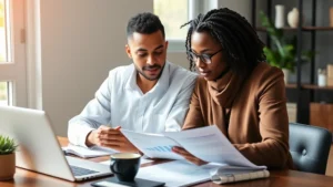 Professional diverse couple reviewing financial documents and investment portfolio at home office desk with laptop and coffee, natural lighting from window, focused expressions showing financial planning discussion