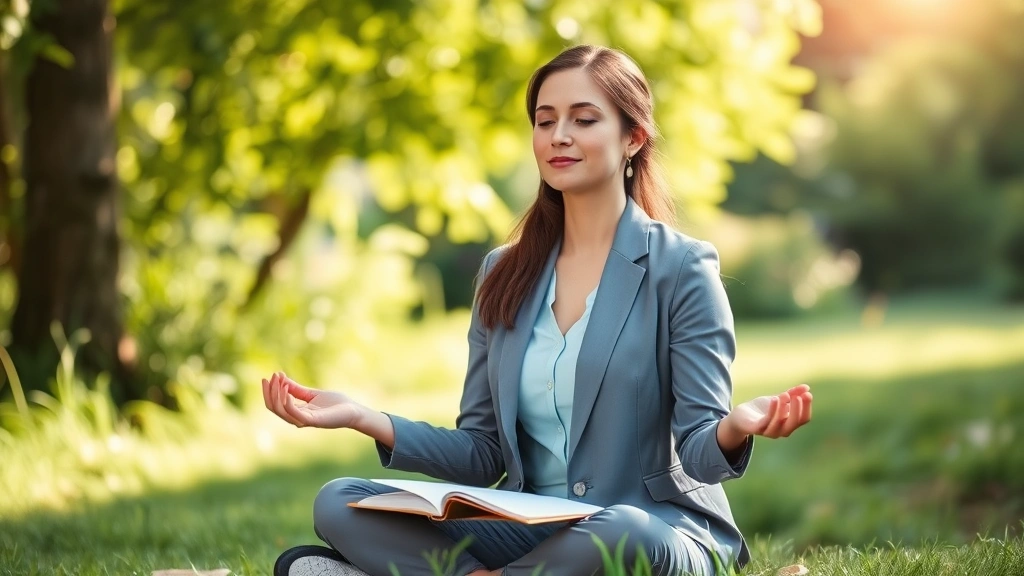 Peaceful woman in professional attire sitting outdoors in natural setting, meditating or journaling with notebook, surrounded by greenery and soft sunlight, representing wellness and financial mindfulness balance