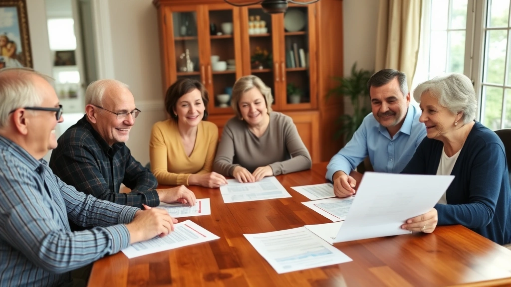 Multi-generational family gathered around dining table with financial advisor discussing retirement planning, documents spread out, warm home setting with genuine smiles and engaged body language
