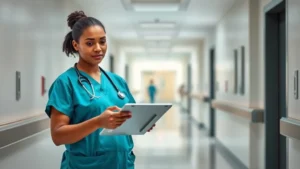 Professional healthcare worker in scrubs confidently reviewing digital shift schedule on tablet in modern hospital corridor, natural lighting, focused expression, modern medical facility background