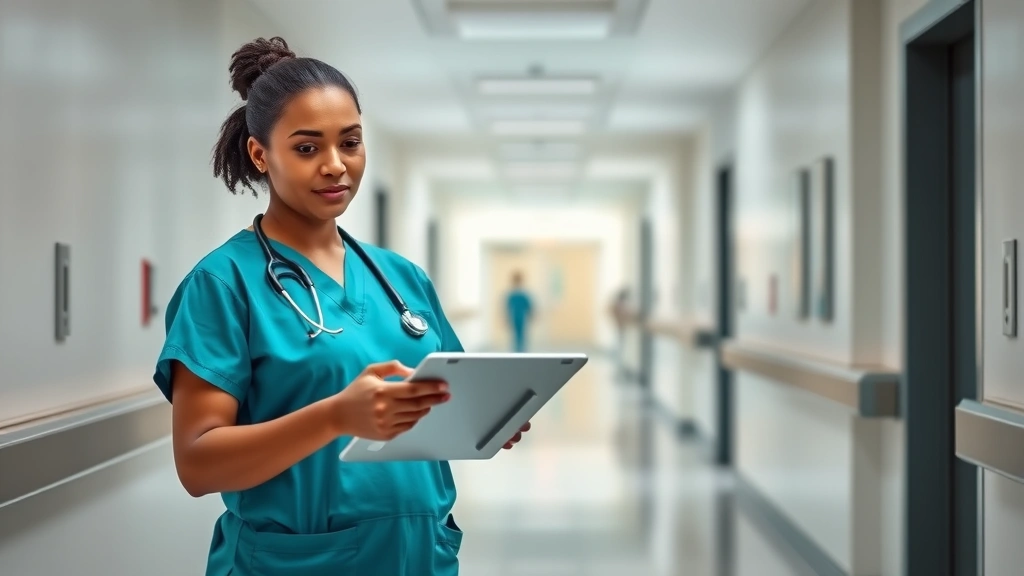 Professional healthcare worker in scrubs confidently reviewing digital shift schedule on tablet in modern hospital corridor, natural lighting, focused expression, modern medical facility background