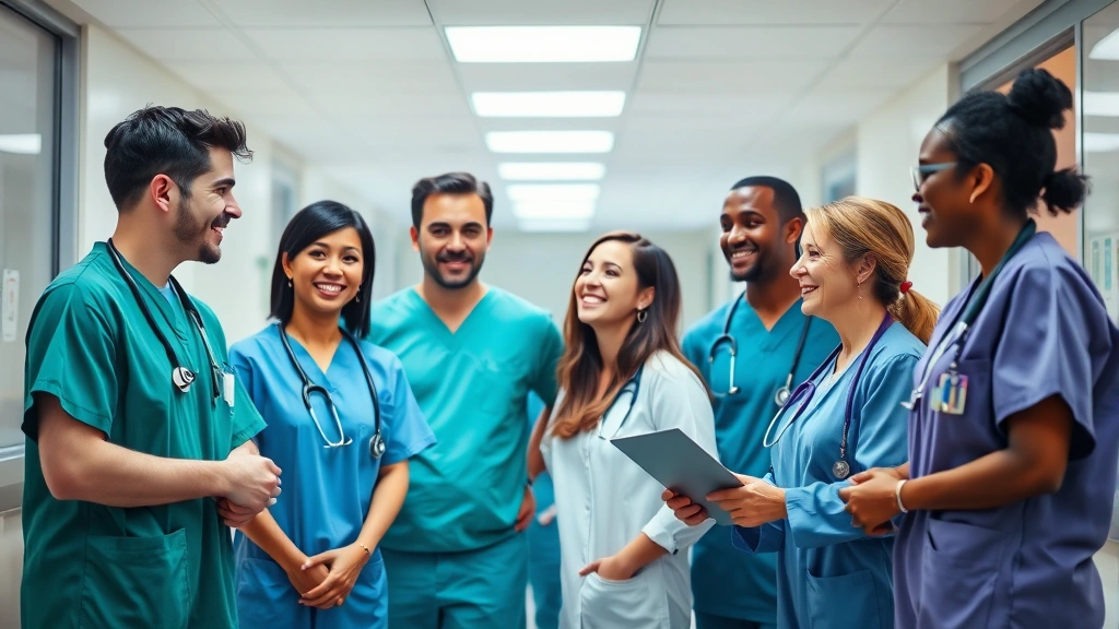 Diverse group of healthcare professionals in medical uniforms collaborating in contemporary hospital setting, smiling, engaged, modern healthcare environment with soft professional lighting