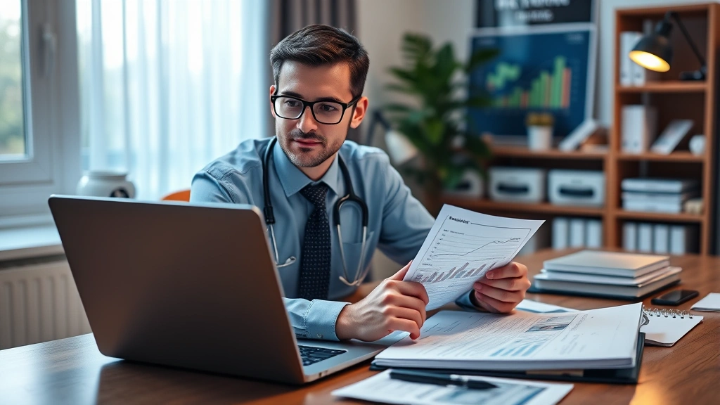 Healthcare professional reviewing financial documents and investment portfolio on laptop at home office desk, professional appearance, organized workspace, warm indoor lighting, wealth-building focused
