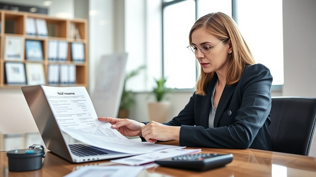 Professional woman reviewing health insurance documents and medical bills at a desk with a laptop and calculator, focused expression, natural lighting from window, modern office setting