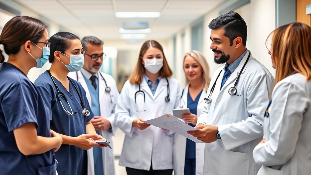 Diverse group of healthcare professionals including doctors and specialists in clinical setting discussing patient care plans, warm collaborative atmosphere, modern hospital background