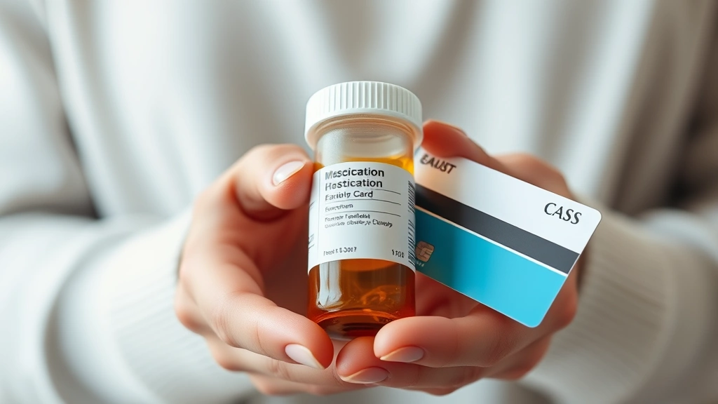 Close-up of hands holding prescription medication bottle with insurance card visible, representing medication access and healthcare coverage, soft natural lighting, financial security concept