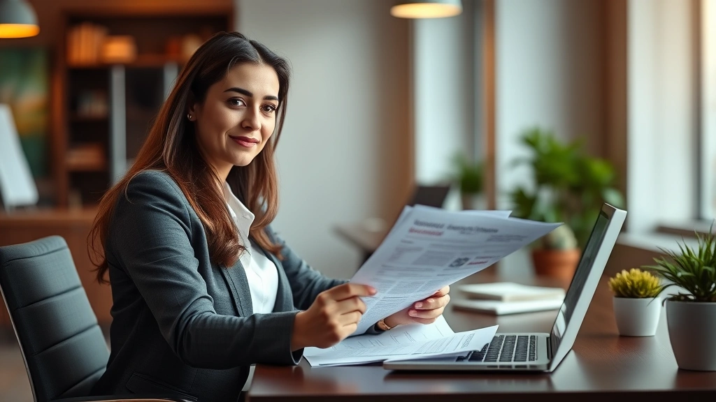 Professional woman reviewing health insurance documents at modern desk with laptop, warm office lighting, confident expression analyzing paperwork