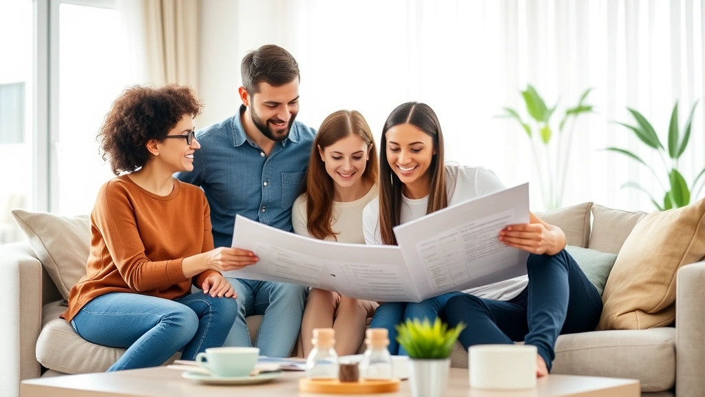 Diverse family of four reviewing healthcare plan options together in bright living room, discussing insurance coverage with positive engagement